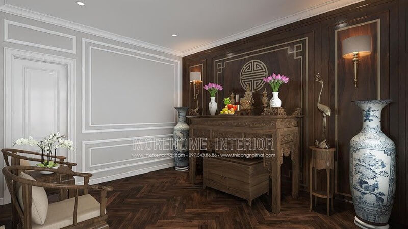 Bố trí nội thất phòng thờ gỗ óc chó đẹp sang trọng ấn tượng từ nội thất gỗ óc chó cao cấp cùng cách kết hợp đồ khéo léo từ tủ thờ, tấm ốp tường chữ Thọ, kệ trang trí, bộ ghế bành đẹp mắt. thiết kế chung cư