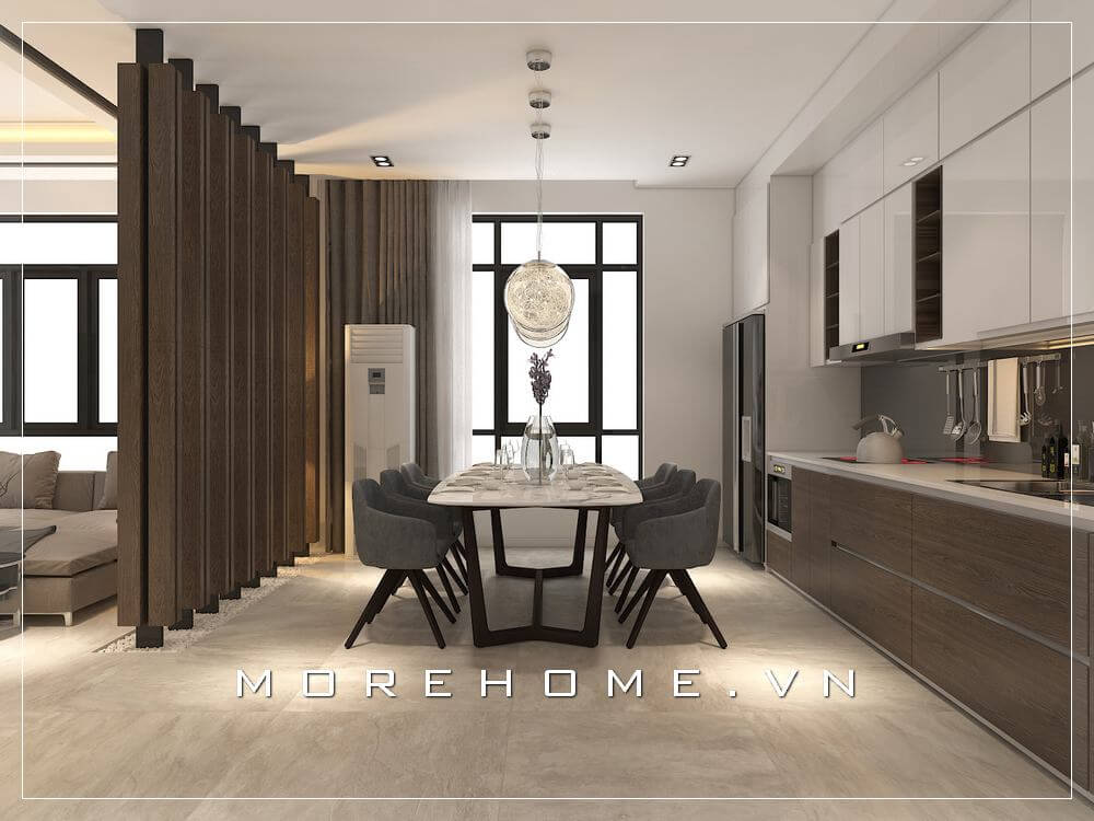 Khu vực phòng ăn được thiết kế hiện đại, tạo không gian thoáng mát và ấm cúng, quây quần cho các thành viên trong gia đình Thiết kế chung cư