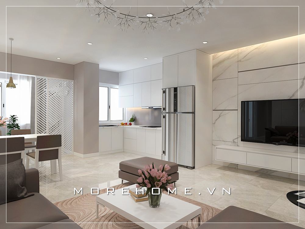 Thiết kế phòng khách liền bếp ăn sử dụng tone màu trắng chủ đạo đẹp cho căn hộ chung cư. Thiết kế chung cư