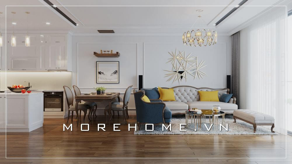 Thiết kê nội thất phòng khách liền phòng ăn theo phong cách tân cổ điển sang trọng và đẳng cấp Thiết kế chung cư