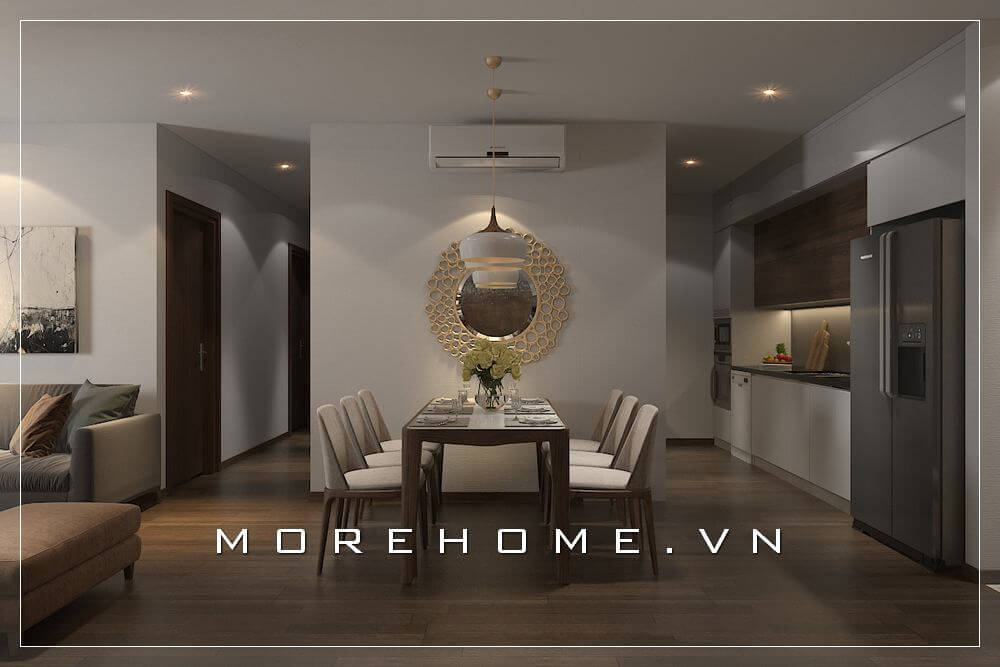 Thiết kế nội thất phòng ăn hiện đại, cách trang trí phòng ăn với mẫu gương tròn độc đáo tạo nên không gian ấn tượng và sang trọng hơn Thiết kế chung cư