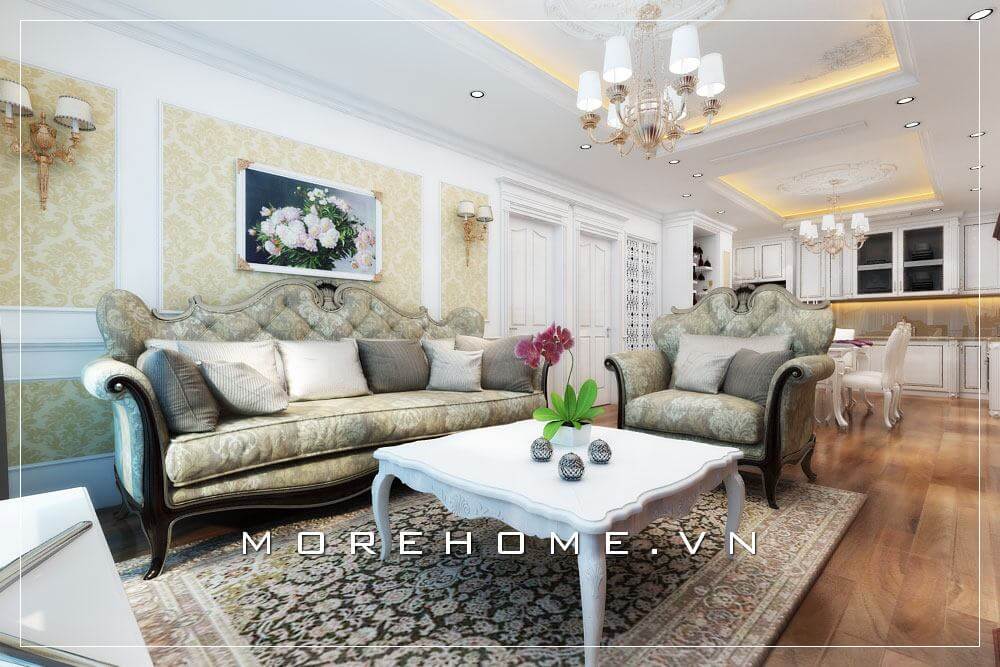 Thiết kế nội thất phòng khách tân cổ điển sang trọng, đường nét hoa văn chạm khắc tinh tế tạo nên không gian căn phòng Thiết kế chung cư