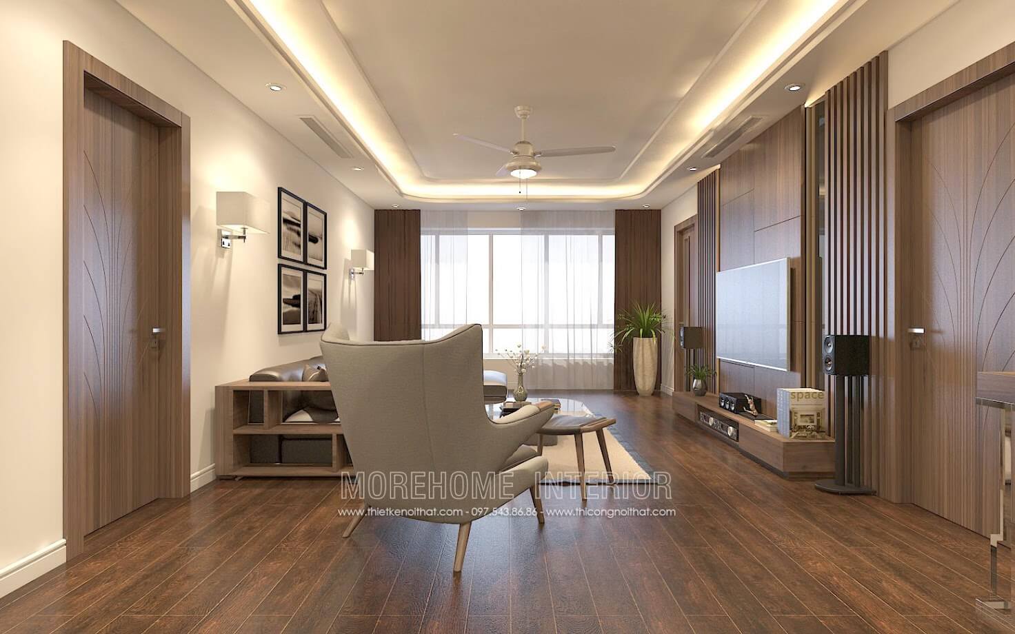 Mẫu cửa thông phòng gỗ vân gỗ có họa tiết trang trí tại chung cư Thăng Long Number One MH08 Cửa gỗ chung cư