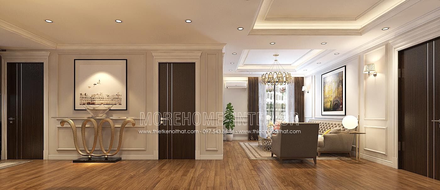 Cửa gỗ chung cư kết hợp nẹp inox trang trí dọc cánh cửa lạ mắt MH09 Cửa gỗ chung cư